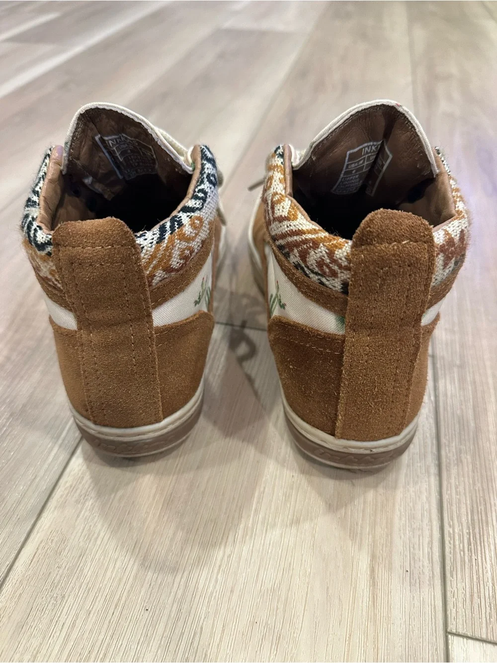 inkkas Brown Leather High-Top Sneaker with Cream & Black Woven Detail size 6W